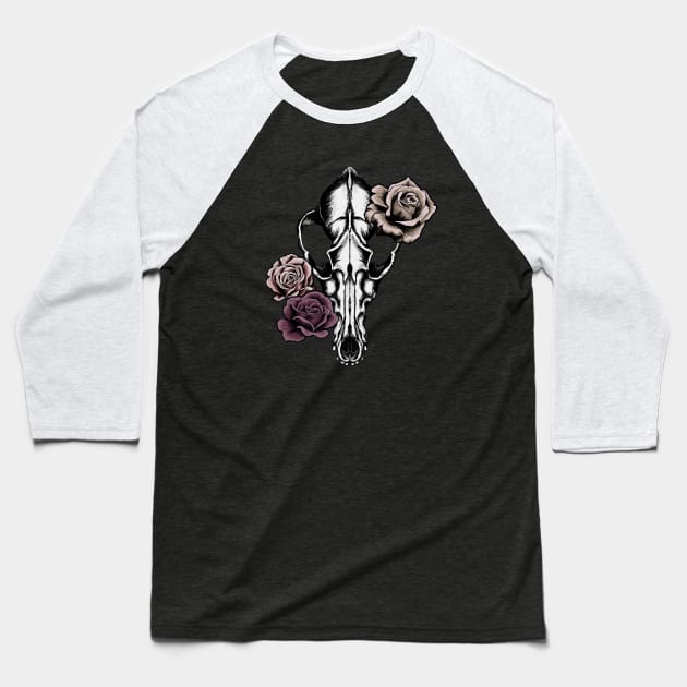 Coyote Skull and Roses Baseball T-Shirt by inkdust